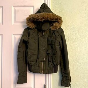 Mossimo Junior Olive Green Faux Fur Full Zip Hooded Puffer Jacket, X-Small